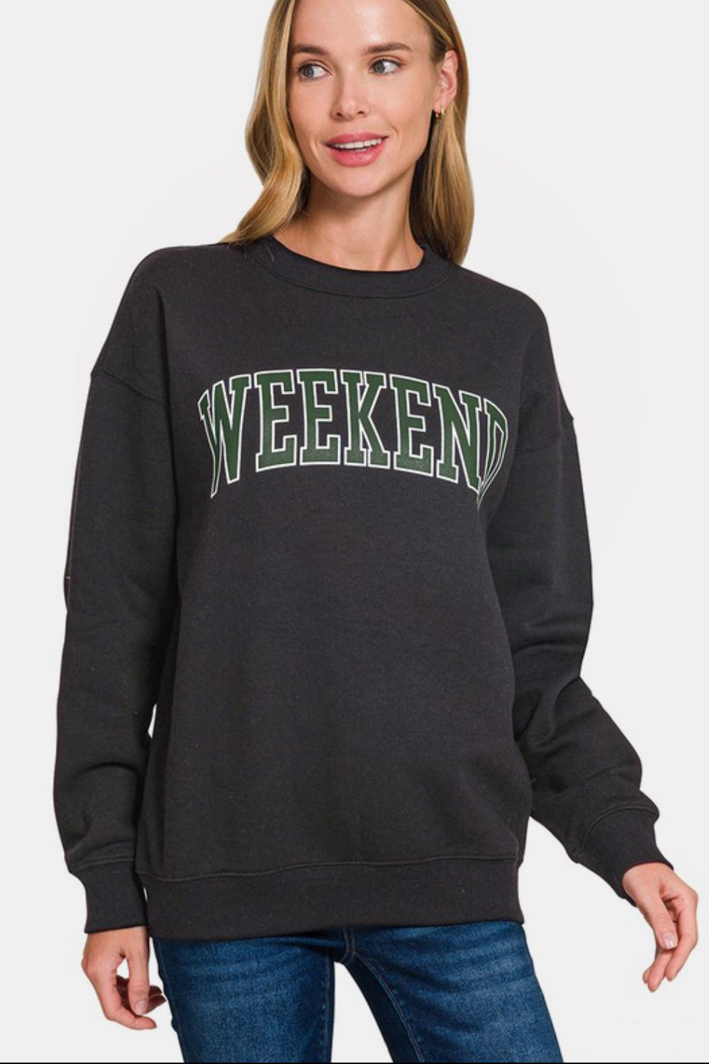 Zenana WEEKEND Round Neck Dropped Shoulder Sweatshirt